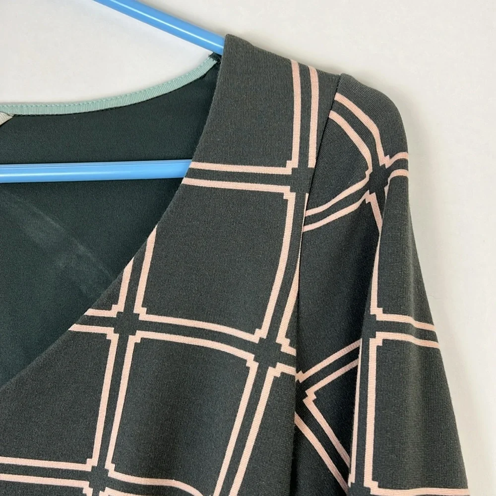 BODEN Eliza Ponte dress long sleeve in olive green and peach block desig… - Picture 5 of 11
